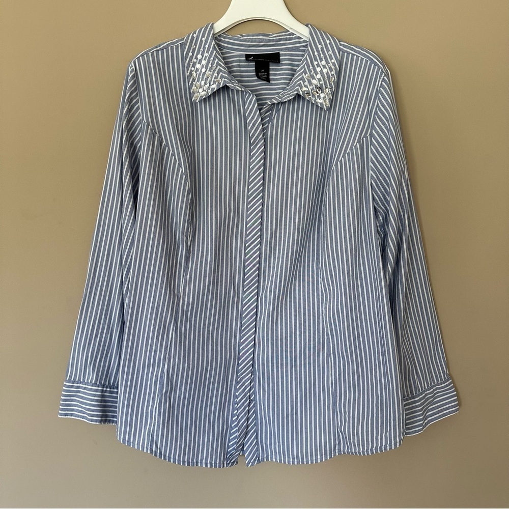 FLAWED Lane Bryant Size 24 Striped Button Up Shirt Long Sleeve Rhinestone